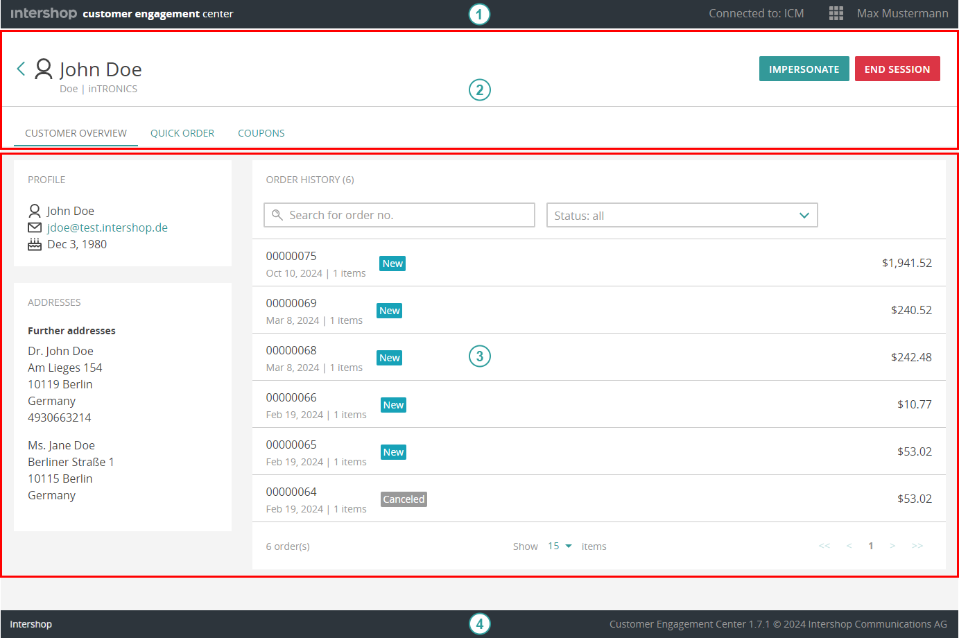 Intershop Customer Engagement Center user interface