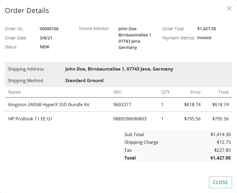 The order details dialog showing a placed order