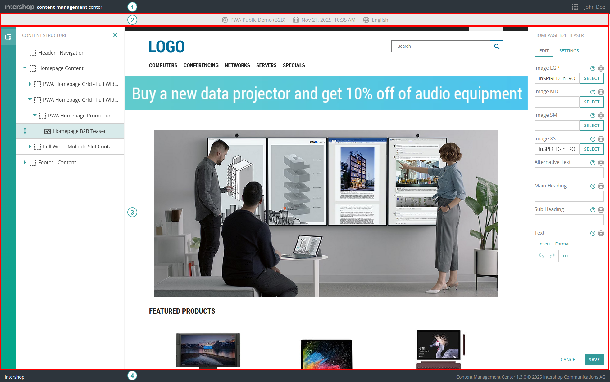 Intershop Content Management Center user interface