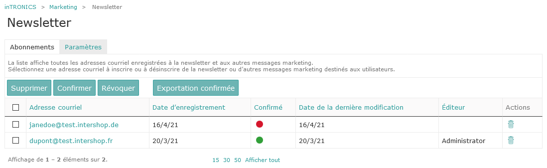 Exemple : Abonnements à la newsletter