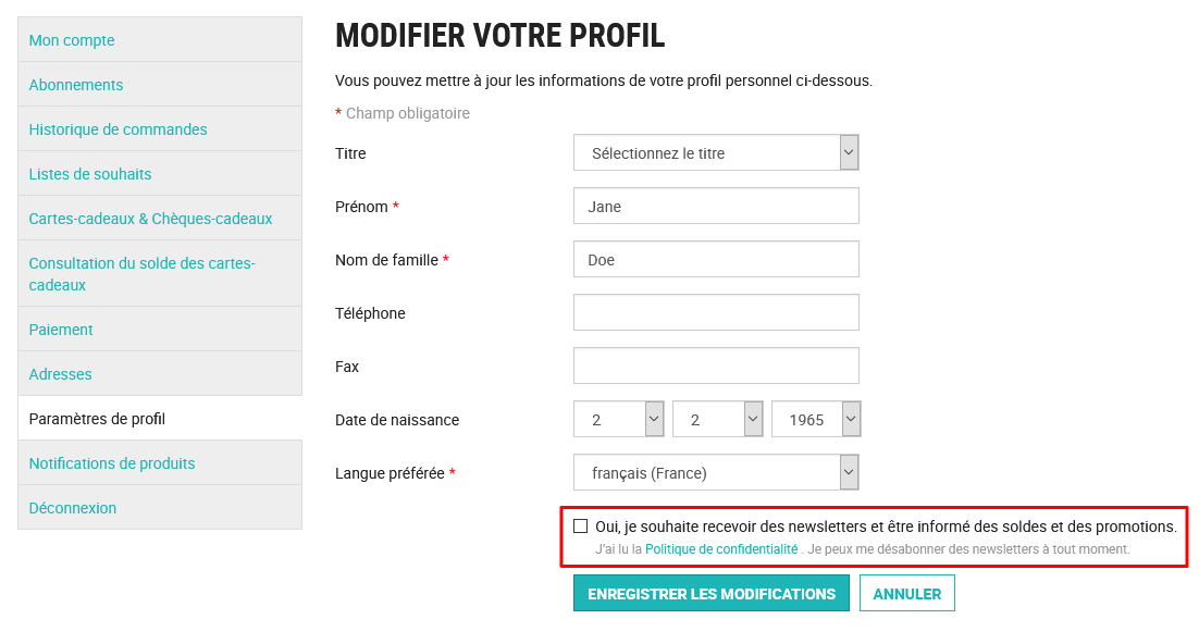 Exemple : Activation de l’abonnement à la newsletter dans la vitrine