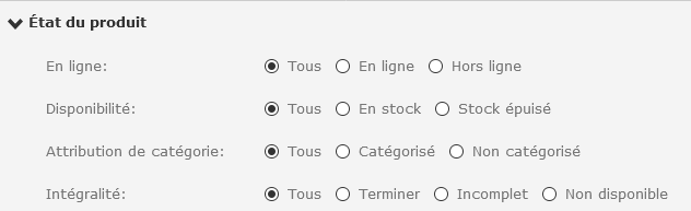 Advanced product search: Product status