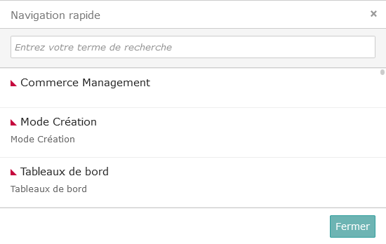 Navigation rapide vers une page de Commerce Management