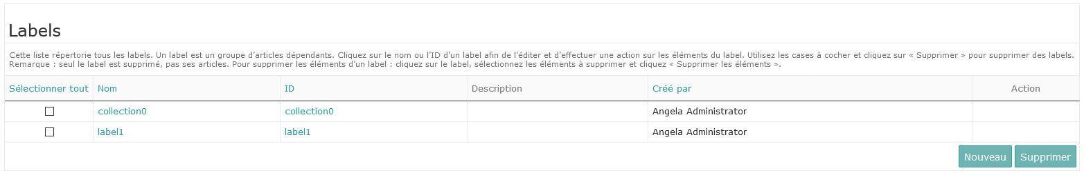 Selecting actions in the Label manager
