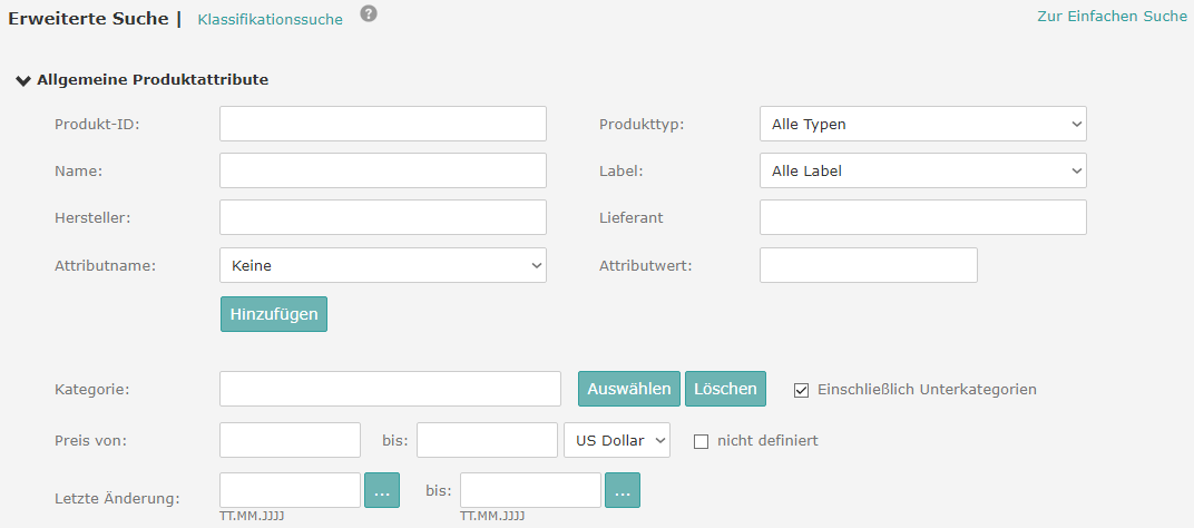 Erweiterte Produktsuche: Allgemeine Produktattribute