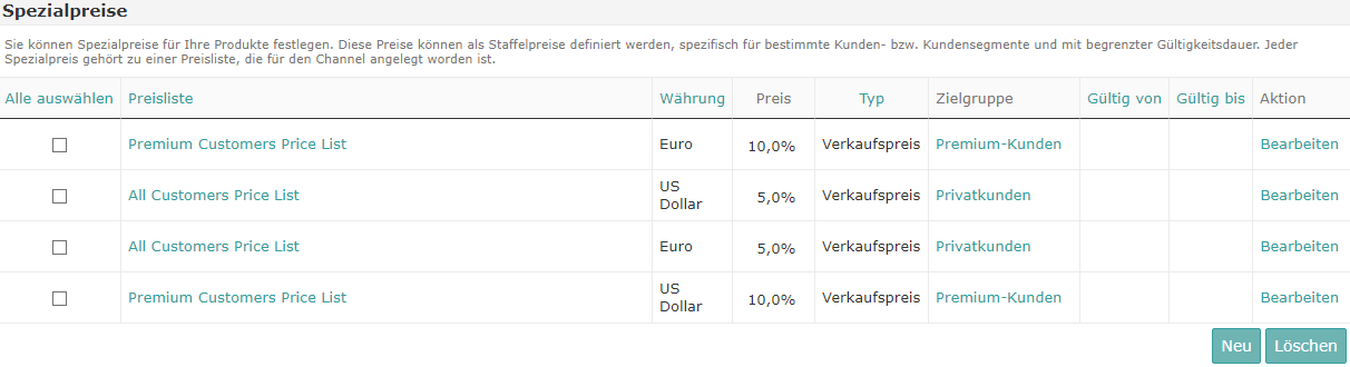 Beispielprodukt mit Preisen für verschieden Preislisten