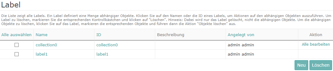 Selecting actions in the Label manager