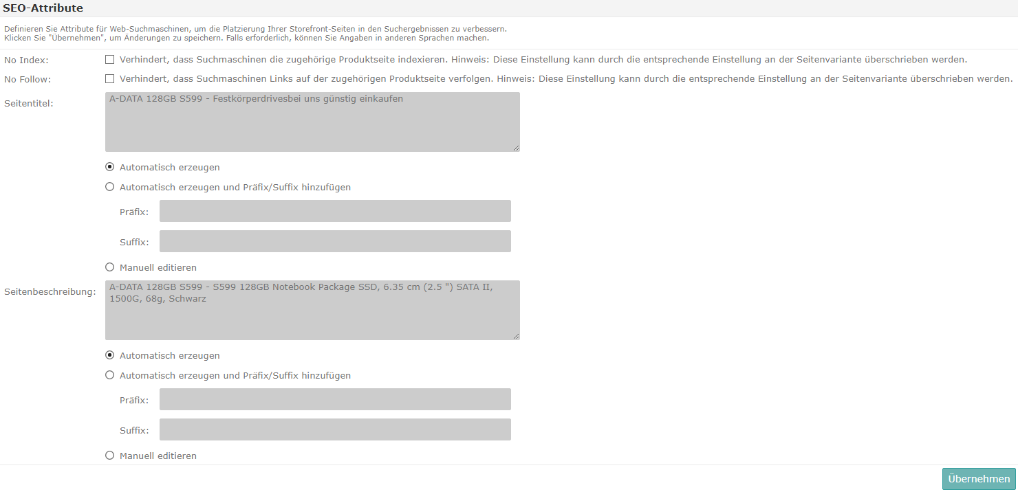 SEO-Attribute im Commerce Management-Dialog