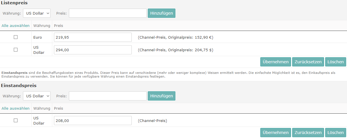 Produkt mit definiertem Listen- und Einstandspreis