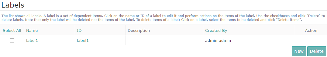 Selecting actions in the Label manager