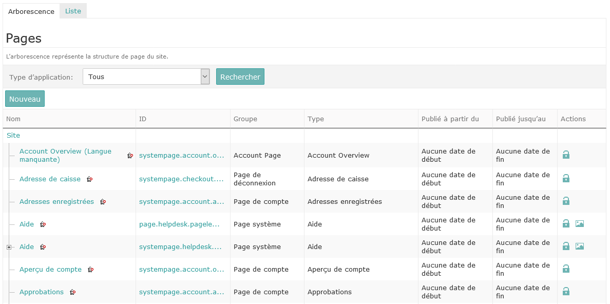 Page Manager displaying the page structure tree