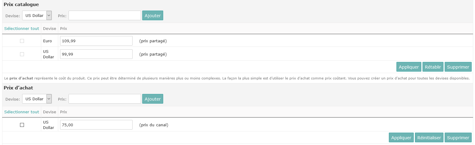 Produit avec prix de catalogue et d’achat définis