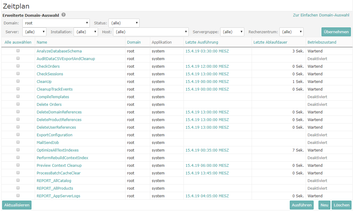 Zeitplan-Übersichtsseite