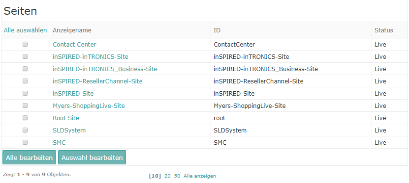 Die Seitenübersicht in Intershop System Management