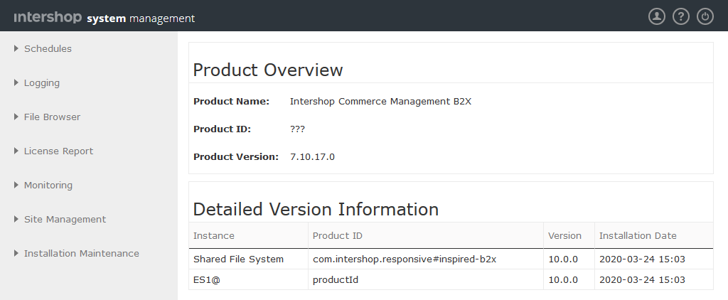 Intershop System Management main screen