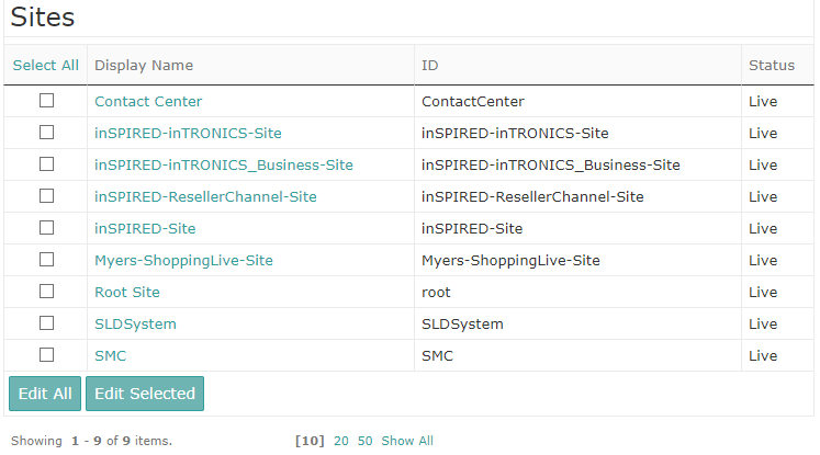 Intershop System Management Sites overview page