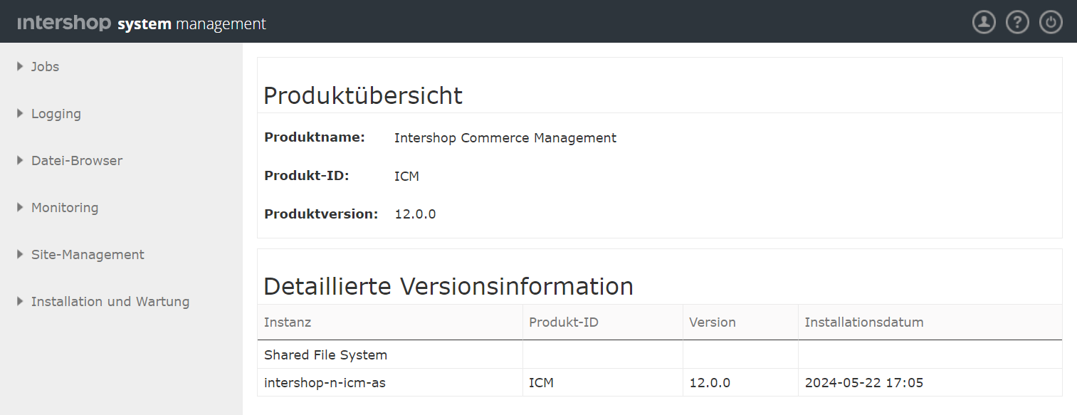 Hauptbildschirm von Intershop System Management