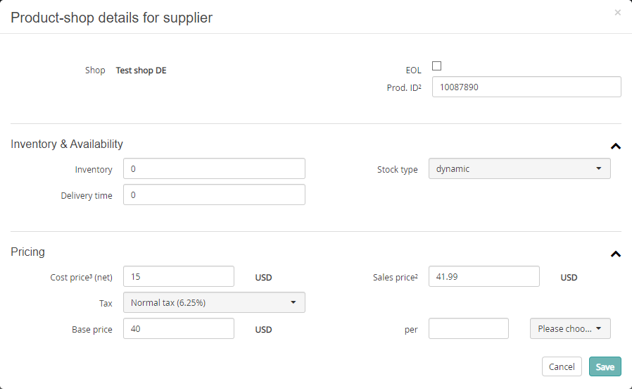 Editing product shop details