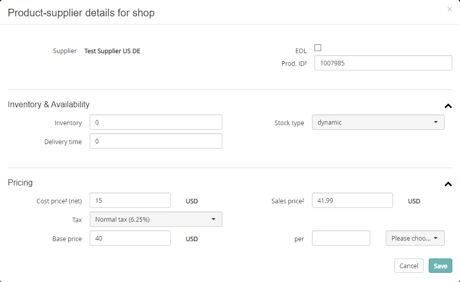 Editing product supplier details