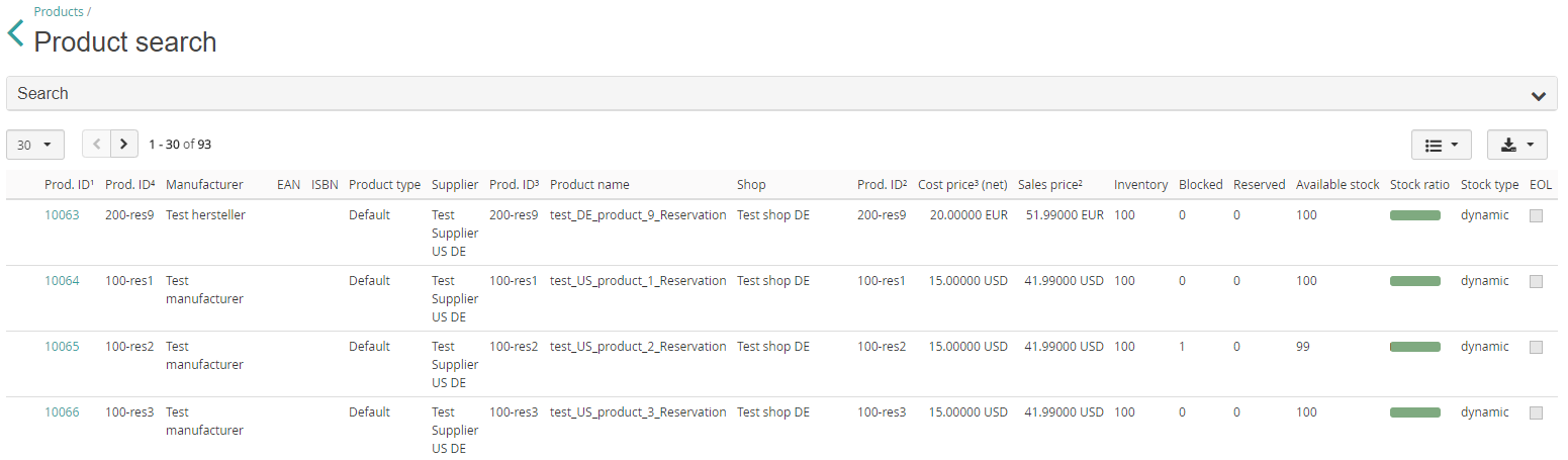 Product search result list